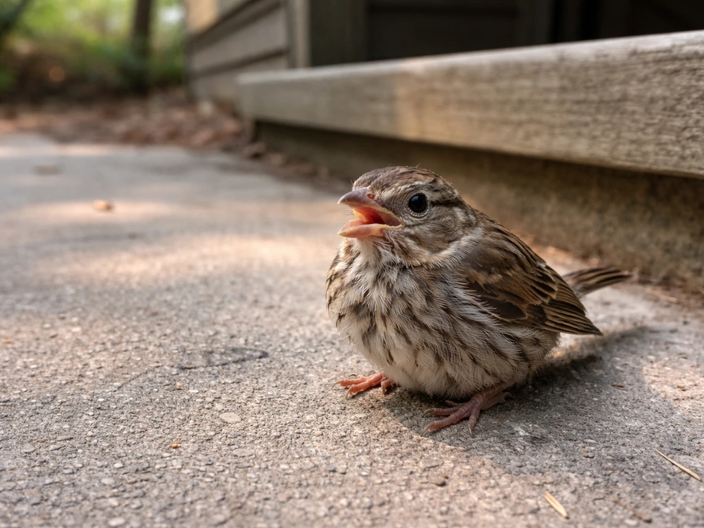 Wild small bird on the ground with mouth open in urgent breathing posture, viewed from a safe distance.