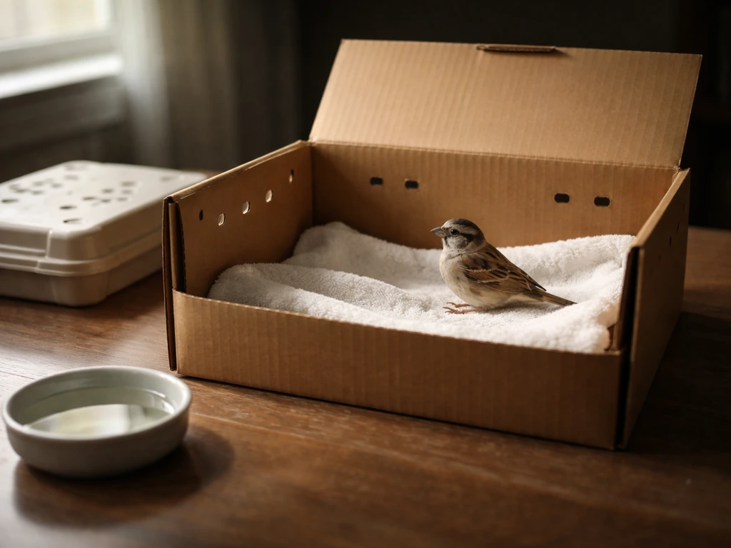 A small bird perched in a quiet dim room inside a rescue box, with soft light and minimal props.