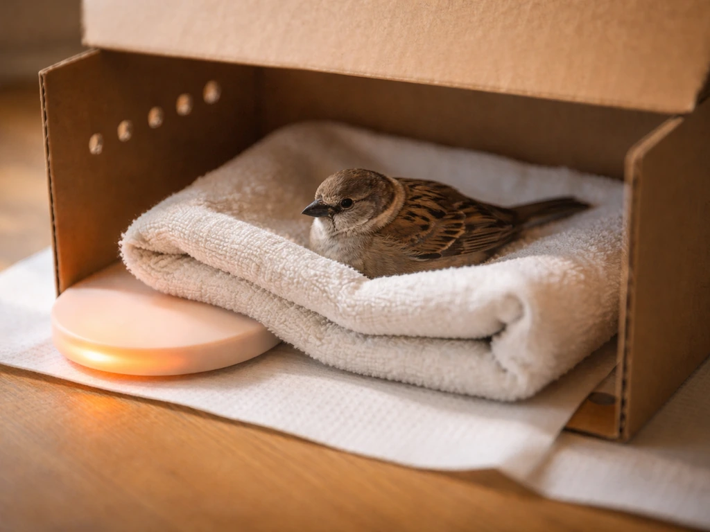 Small injured bird resting on a soft towel inside a lined ventilated box with a warm pad nearby