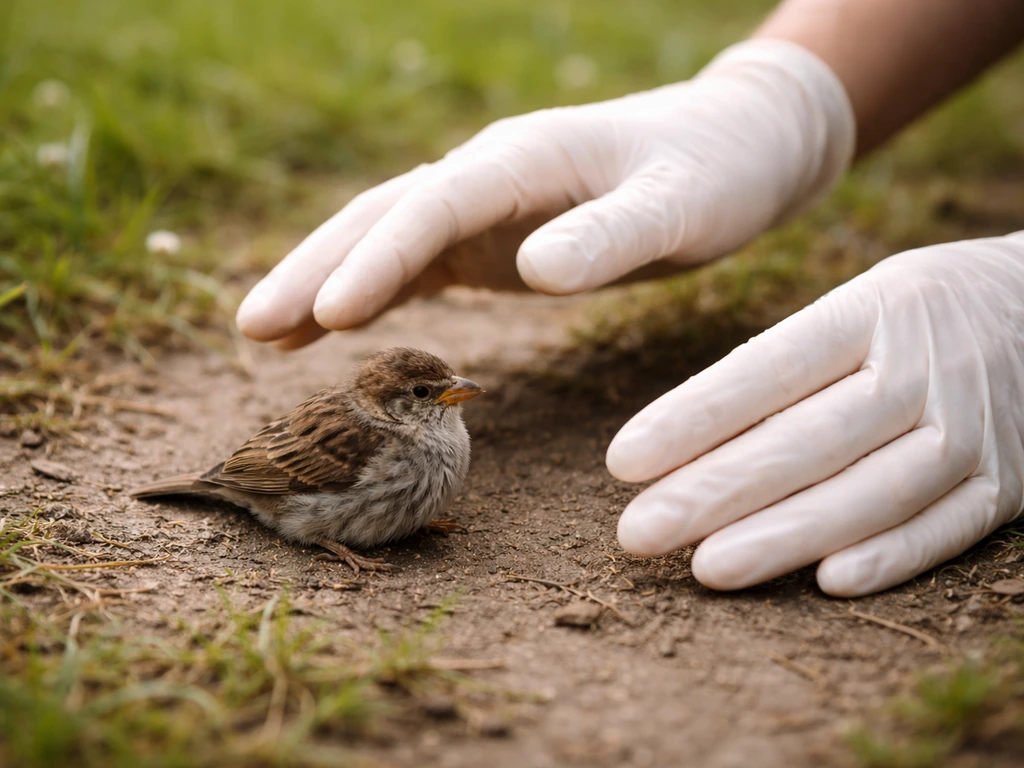 Caregiver in disposable gloves gently approaches a stressed wild bird on the ground