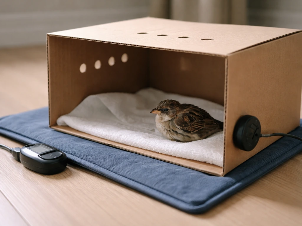 Injured bird in a ventilated box with a heating pad on low, one end warmed and checked safely.