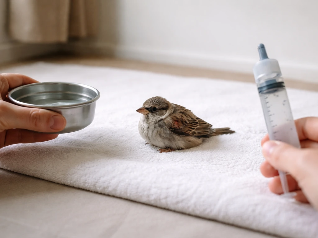 Injured bird resting on a towel while a water bowl and feeding syringe are kept away.