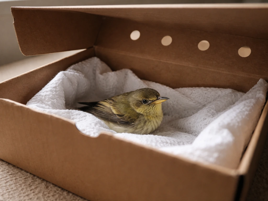 Stunned small bird partially visible in a ventilated recovery box after a window strike.