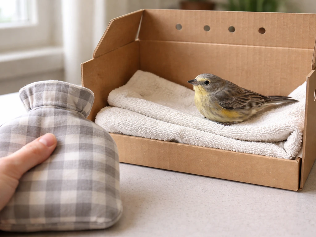 Small fallen bird resting safely in a ventilated box with a towel and gentle warmth nearby.