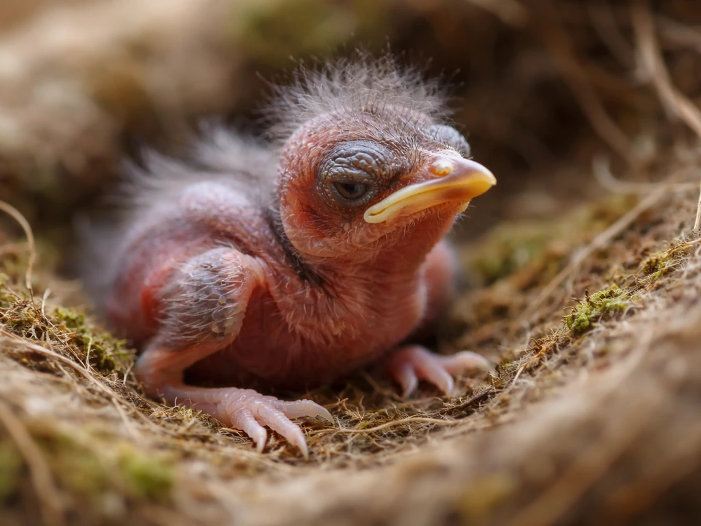 Close-up of a very young bird nestling with sparse feathers, bare pink skin, eyes closed, and weak grip.