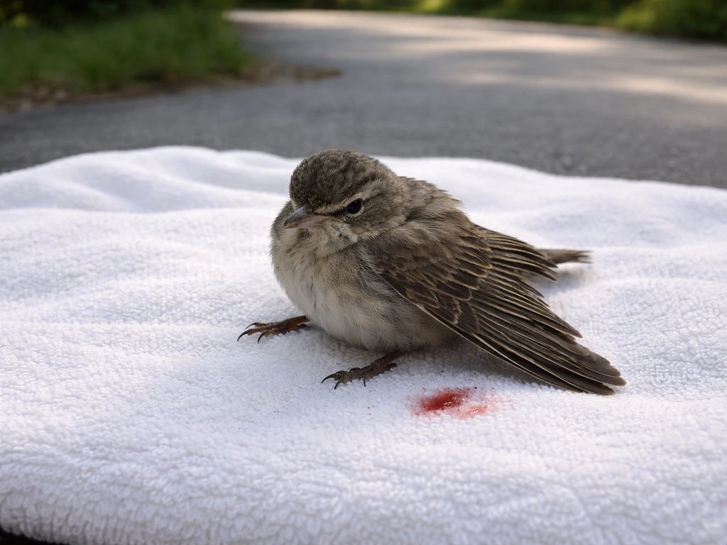 Small injured wild bird lying on a towel with a drooped, twisted wing and a small blood smear.