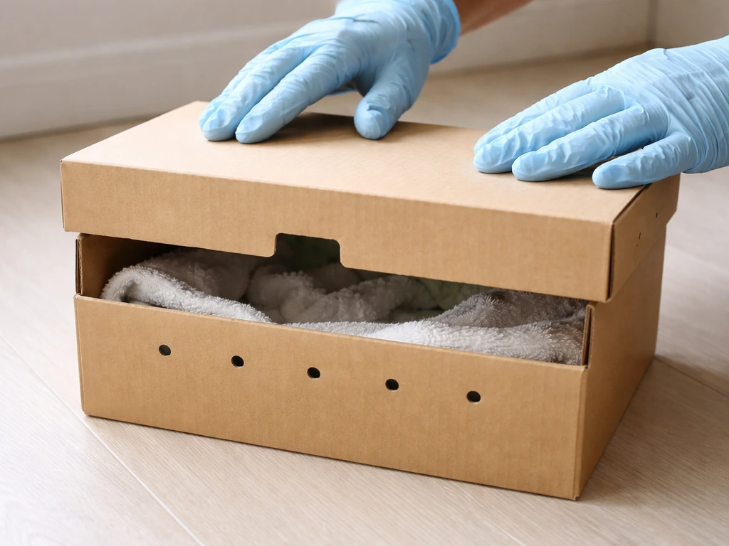 Cardboard box with lid and small air holes on the floor, with towel bedding and no water dish.