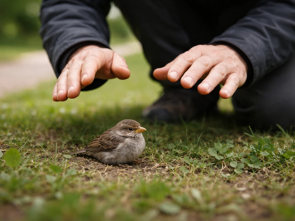 Anonymous hands carefully inspecting a small bird on the ground without touching it