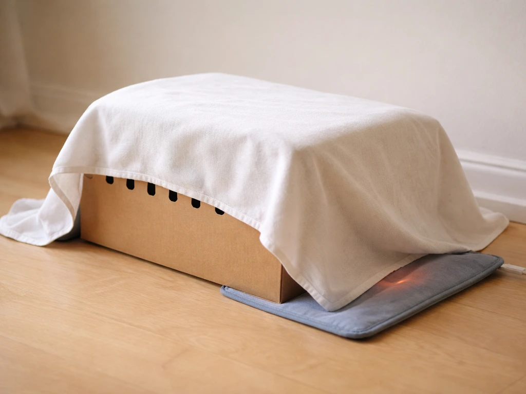 A light-covered animal transport box with one end resting on a gentle heating pad