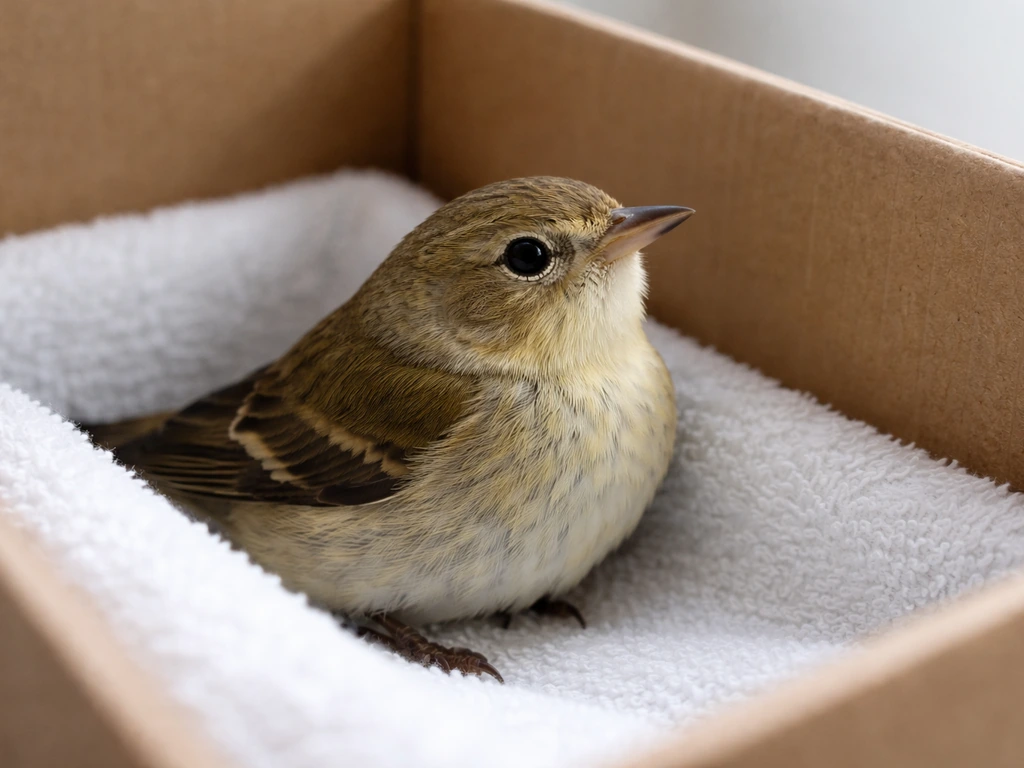 In a lined recovery box, a small bird sits upright with eyes open, calm and alert.