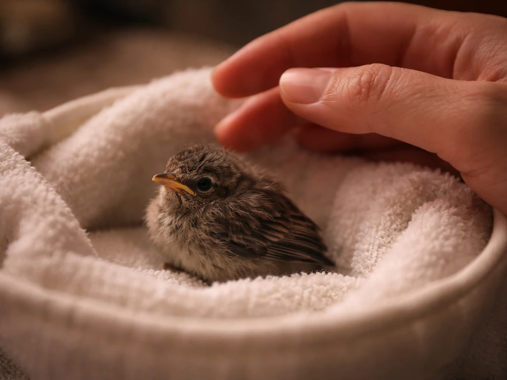 A tiny fledgling bird resting in a warm temporary nest as a caregiver’s hand stays nearby.