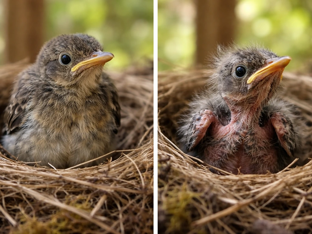 Side-by-side birds: a mostly feathered fledgling vs a sparsely feathered nestling in a nest.