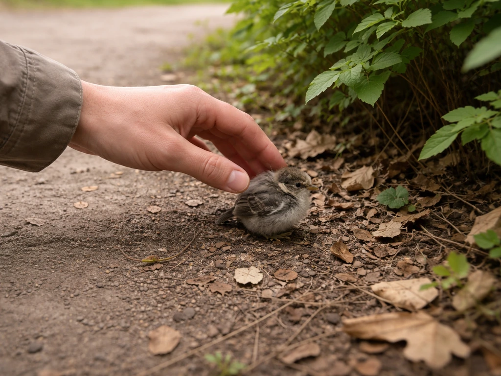 A hand gently moves an uninjured fledgling a few feet to shelter under a bush.