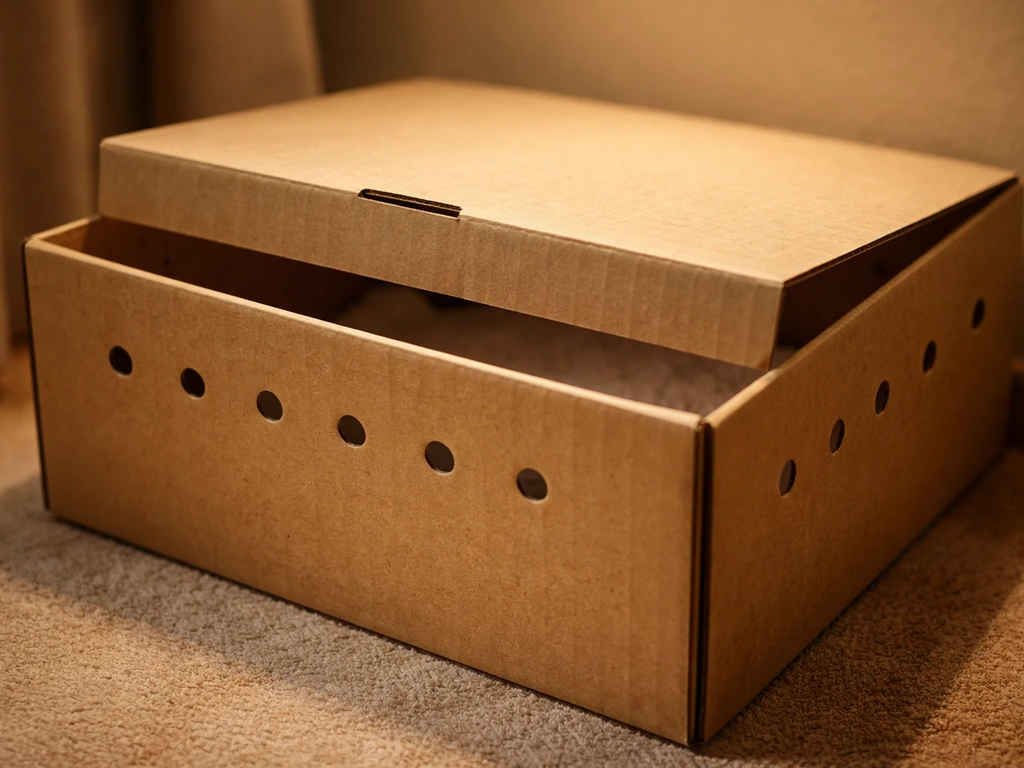 Close-up of a ventilated cardboard box lined with paper, set in a warm, quiet room.
