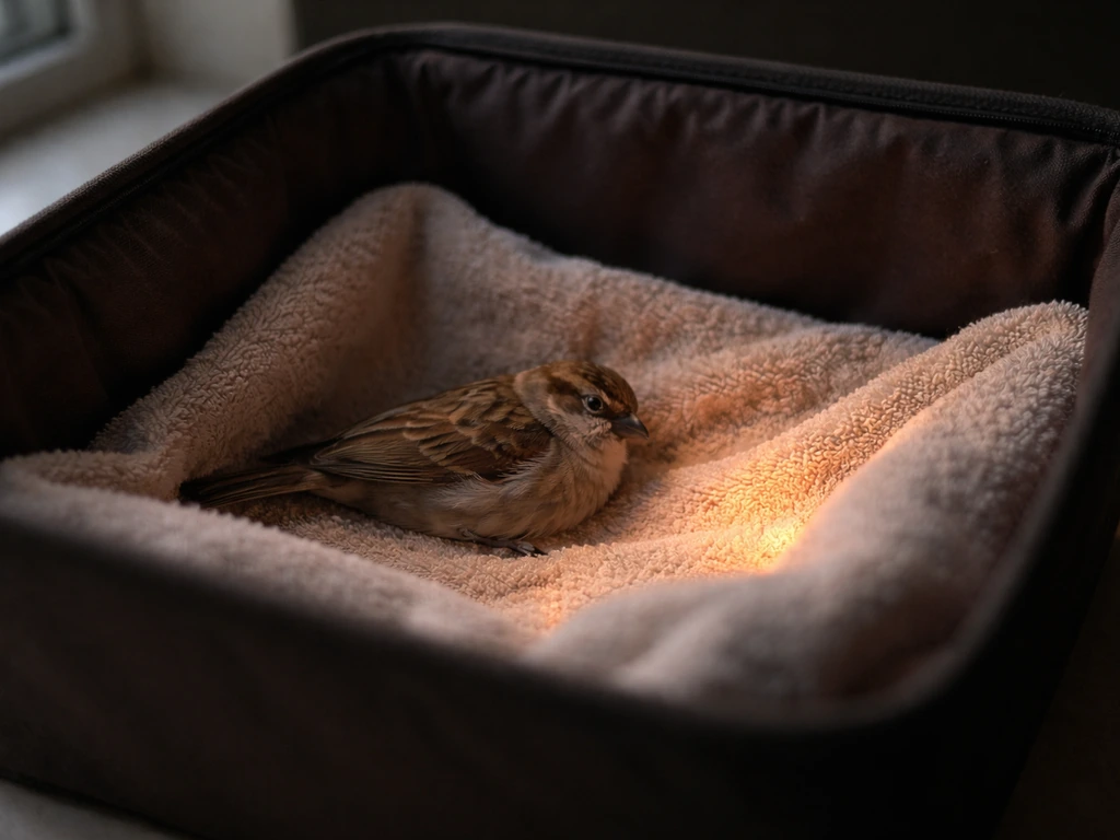 Warm dark lined container holding a small bird lying still for shock first aid