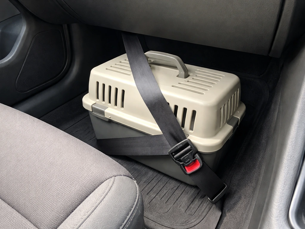 Closed pet carrier secured with a seatbelt in the car footwell, shown without people.