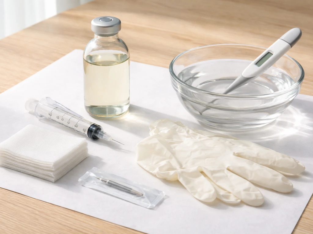 Clean staged medical supplies for bird care: warmed vial, syringe, gauze, gloves, thermometer in warm bath.
