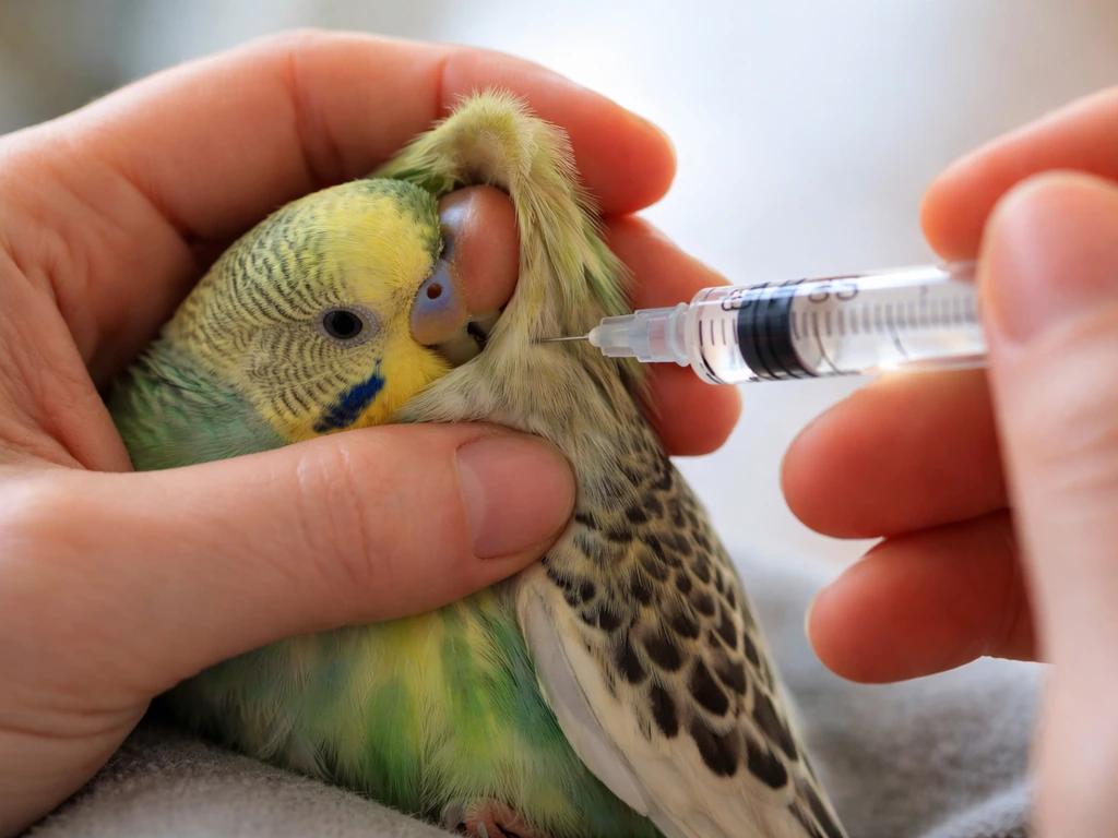 Caregiver’s hands tenting a small bird’s scruff and inserting a needle under the skin with a syringe.