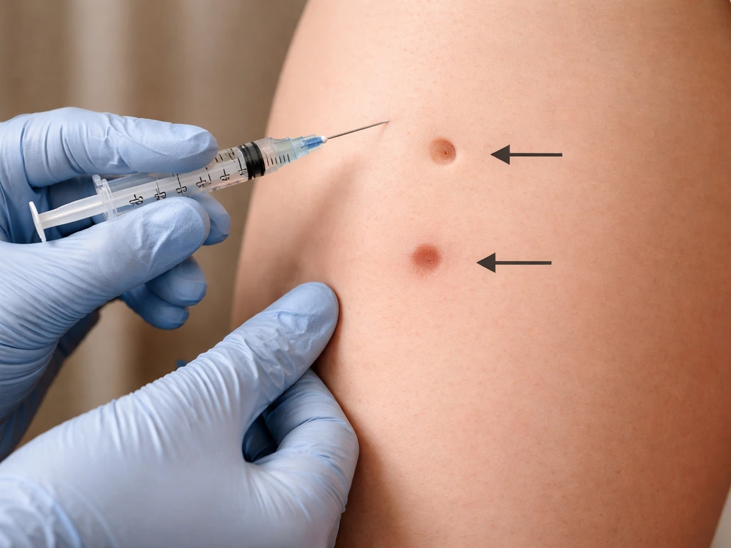 Close-up of gloved hands holding a syringe near a thigh and skin marks showing incorrect vs correct injection sites.