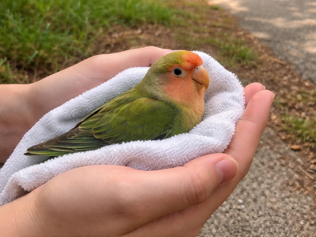 Anonymous hands safely holding a weak lovebird outdoors on a towel, with natural grass background.