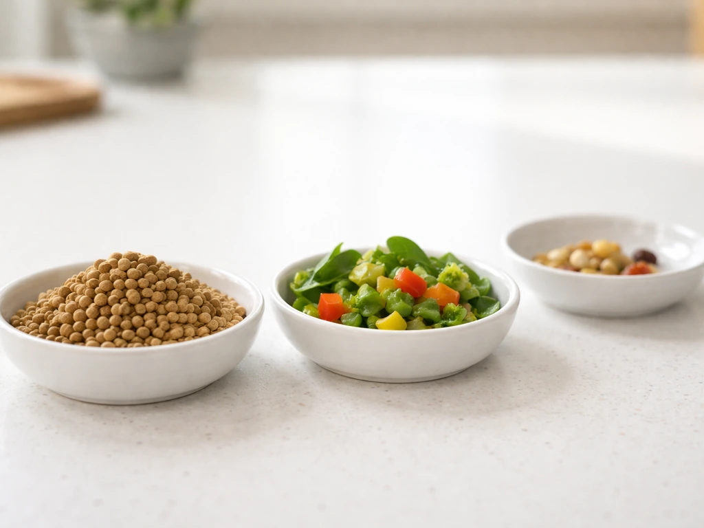 Close-up of pellets and fresh vegetables in dishes, with a blurred dish suggesting less-ideal foods to skip.