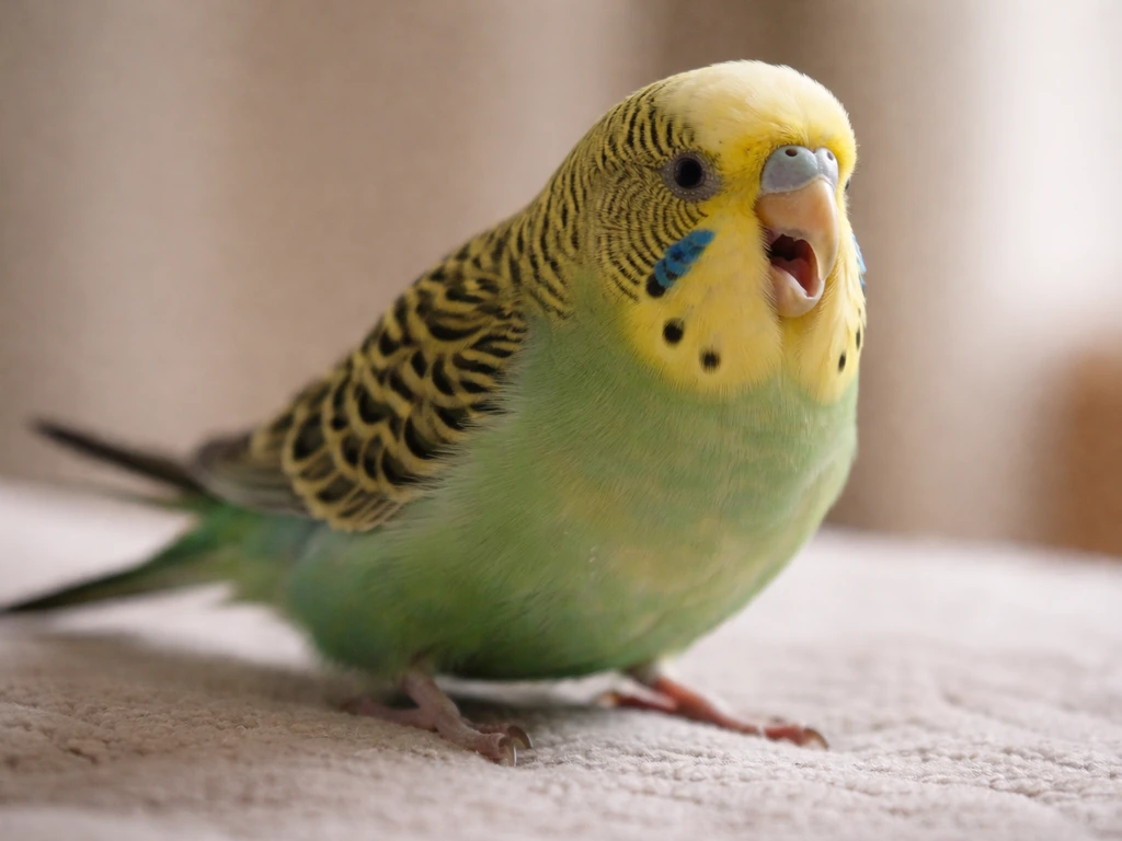 Close-up of a small pet bird open-mouth breathing with tail bobbing, indicating respiratory distress.