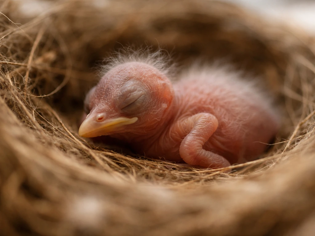Close-up of a mostly featherless baby bird nestling with eyes closed on soft nesting material.