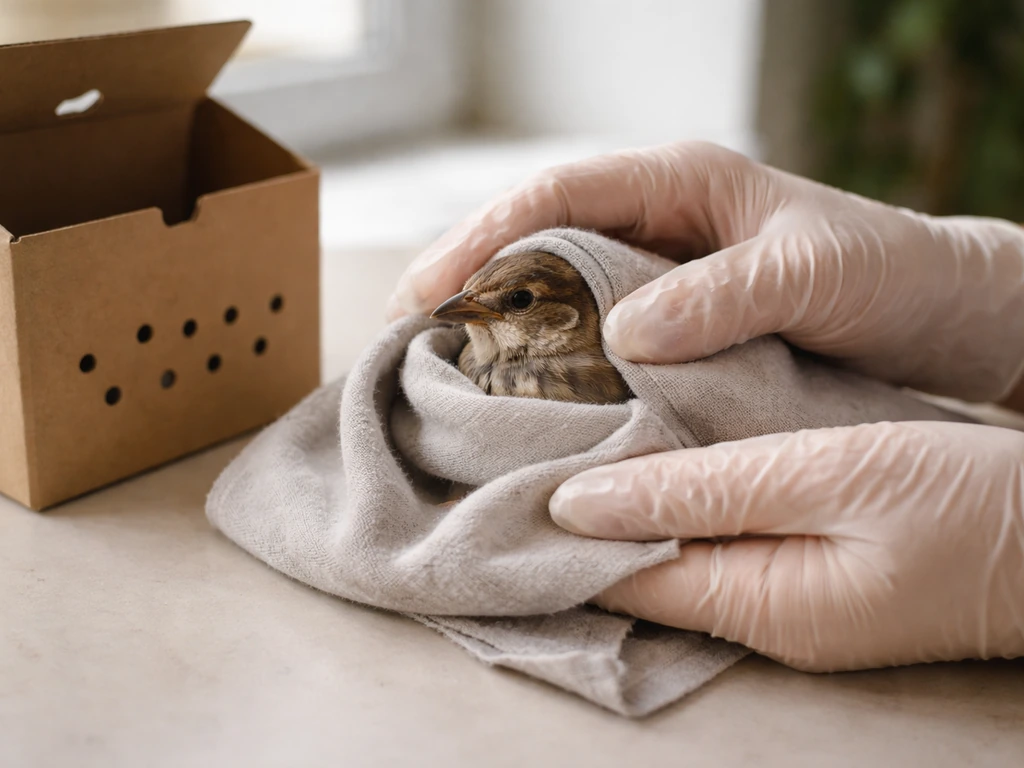 Gloved hands gently wrapping a small bird in a ventilated cloth inside a small card enclosure