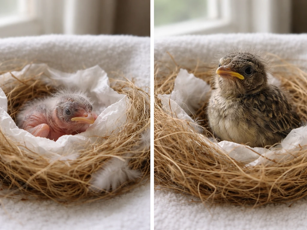 Side-by-side photo of a closed-eye featherless hatchling and a more feathered alert fledgling.