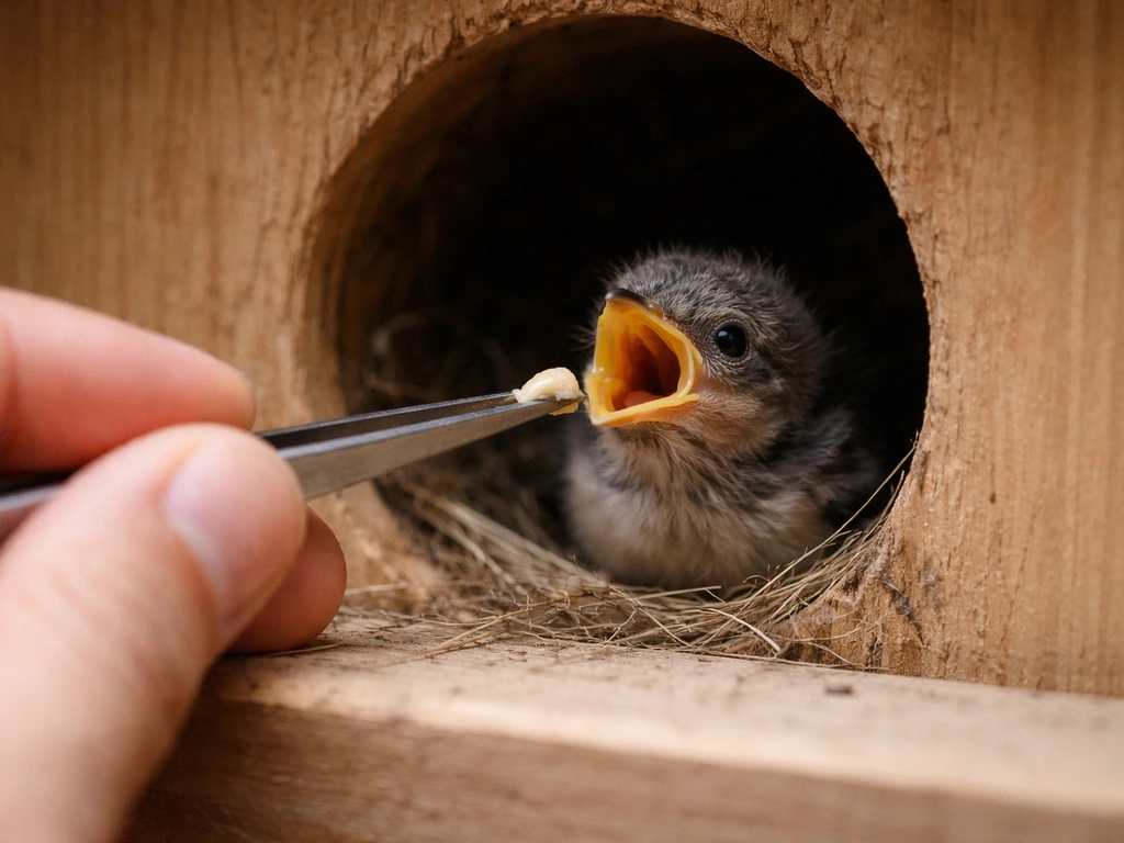Close-up of tweezers gently feeding a fledgling at a nest box entrance, chick’s mouth open.