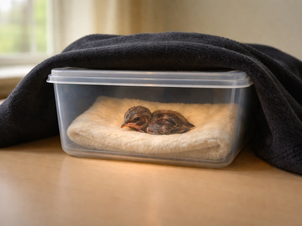 Injured baby bird on a warm pad inside a covered, dark recovery container to keep it warm.