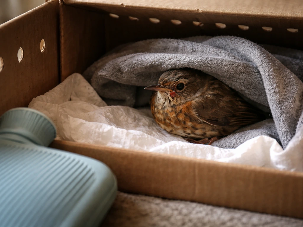 Injured small wild bird resting in a ventilated cardboard box with gentle external warmth.