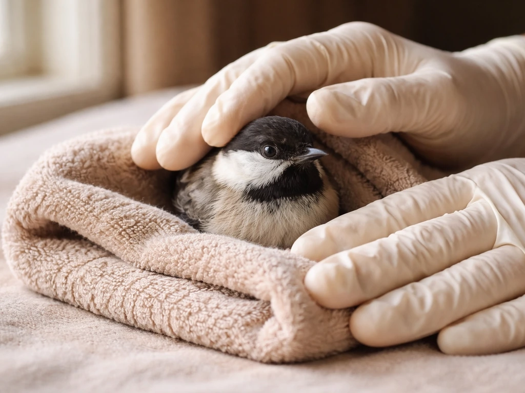 Close-up of gloved hands gently holding a small wild bird wrapped in a soft towel to keep it warm