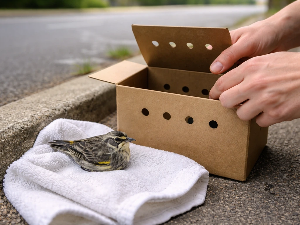 Adult bird being gently placed into a ventilated carrier after a roadside hazard.