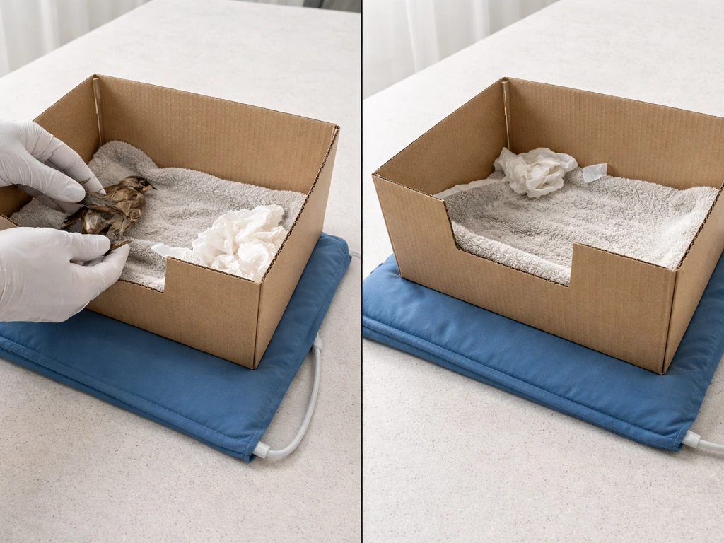 Gloved hands placing a small bird in a ventilated container with a warm pad nearby