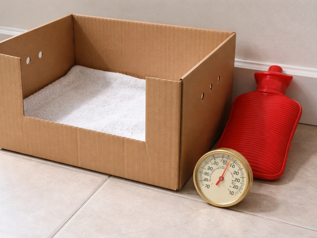 Warm water bottle outside a cardboard bird shelter box with a simple thermometer nearby
