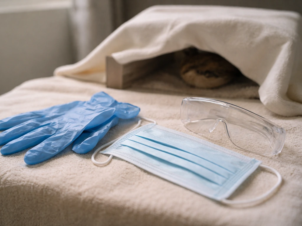 PPE—gloves, mask, and eye protection—laid on a towel beside a small wild bird for safe triage.
