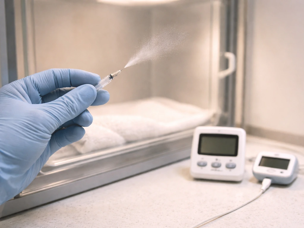 Gloved hand holding a syringe for gentle breaths beside a small bird monitoring setup with timer and thermometer.
