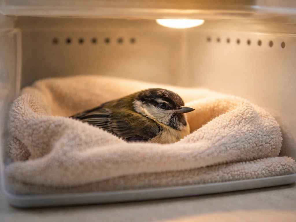 An almost-drowned small bird resting in a ventilated, towel-lined recovery box with warmth
