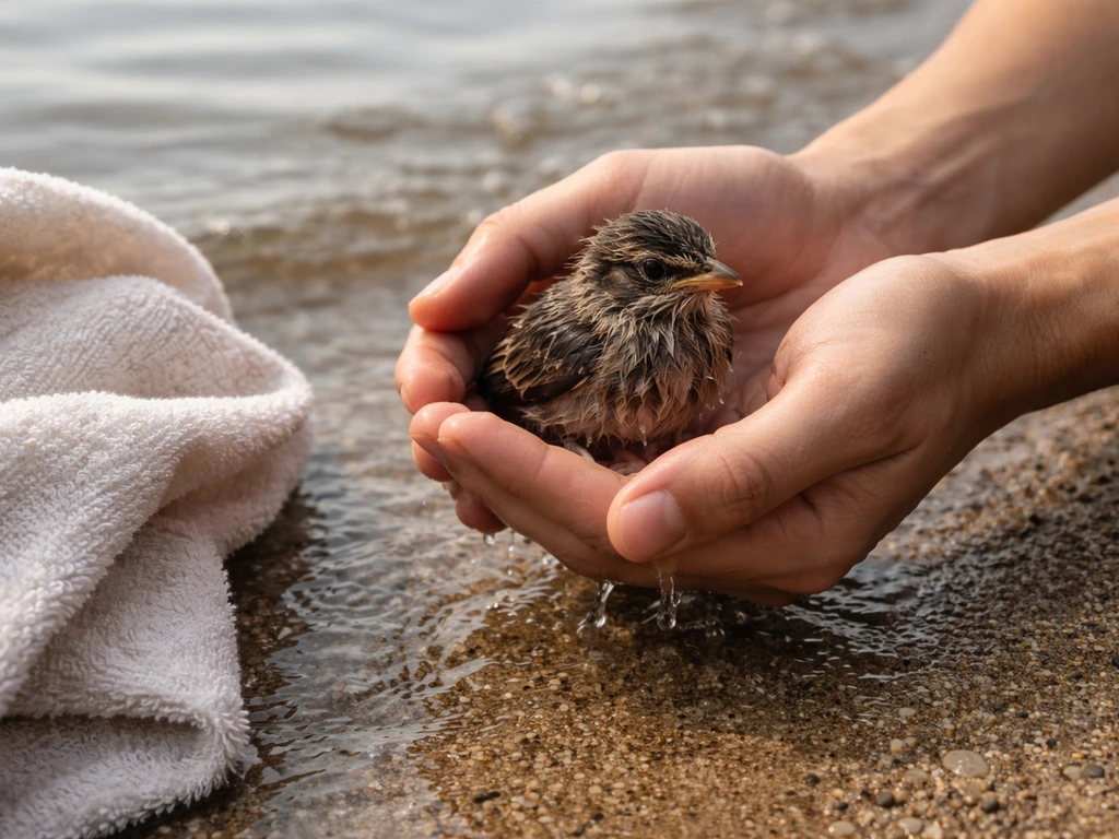 Close-up of gloved/bare hands scooping a wet bird out of shallow water with a dry towel nearby.