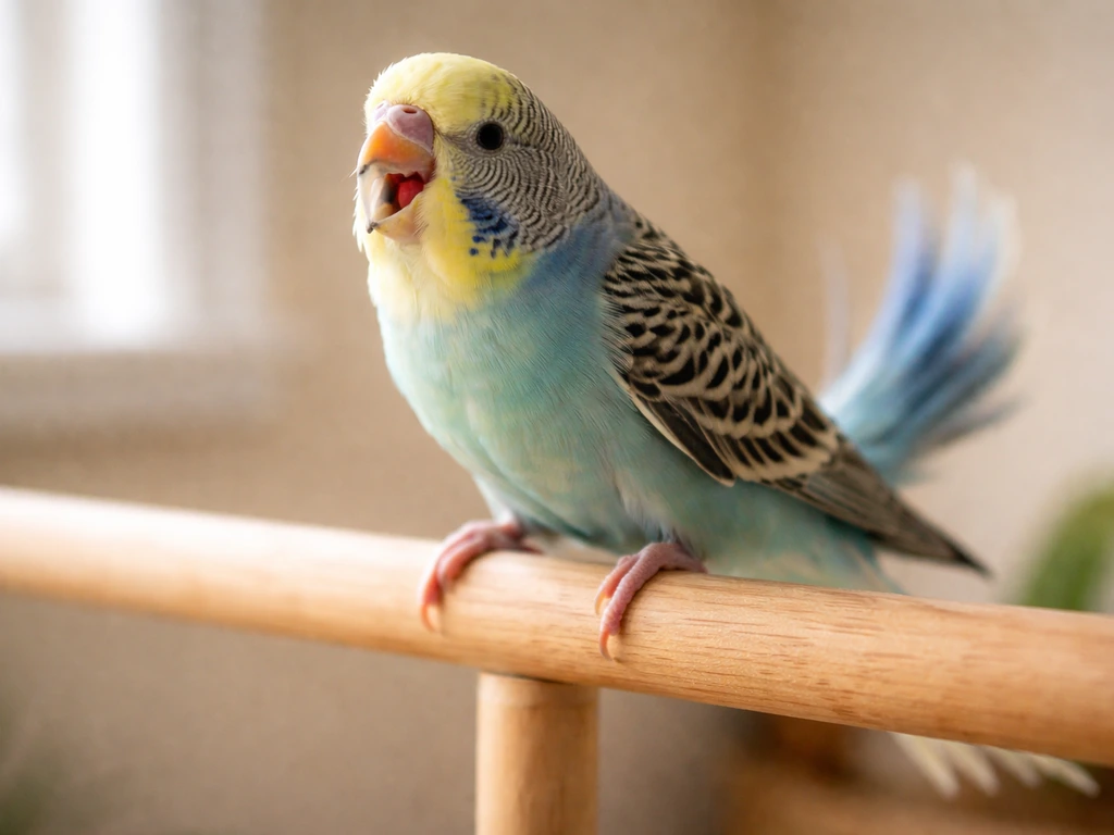 Close-up of a small bird perched with beak open and tail bobbing mid-movement, suggesting breathing trouble