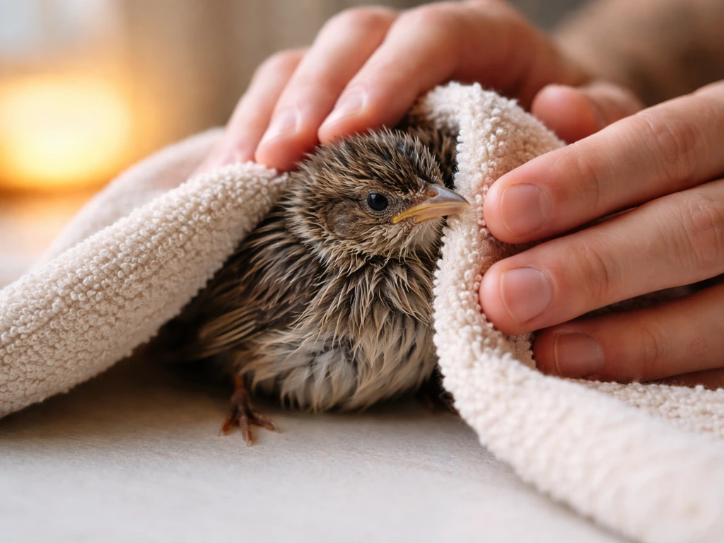 Hands gently blot a small bird’s feathers with a dry towel while warming it nearby.