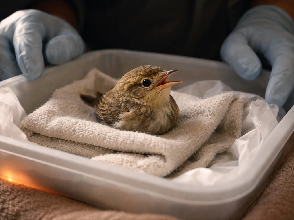 Small rescued songbird with open mouth breathes while being gently warmed in a quiet emergency setup.