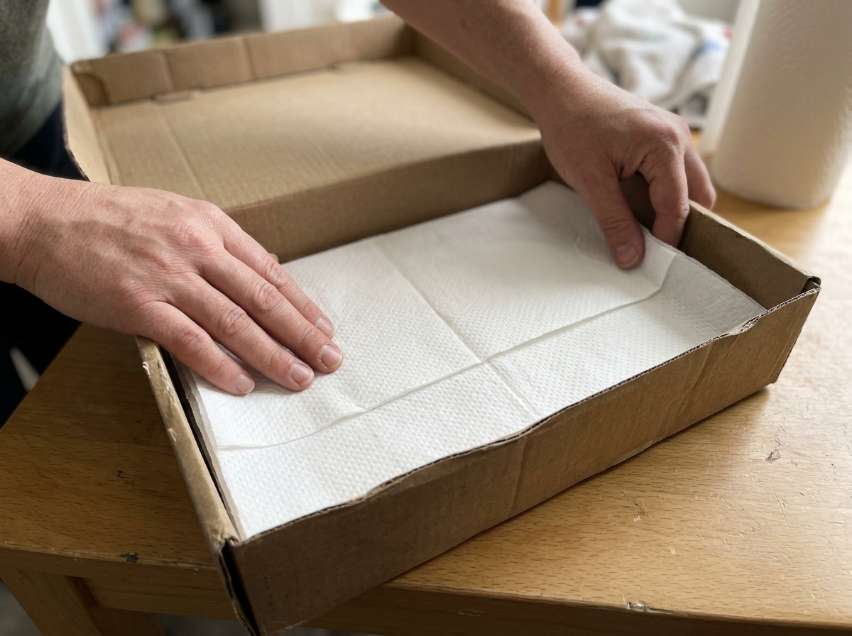 Lining material in a box nest with absorbent paper towel