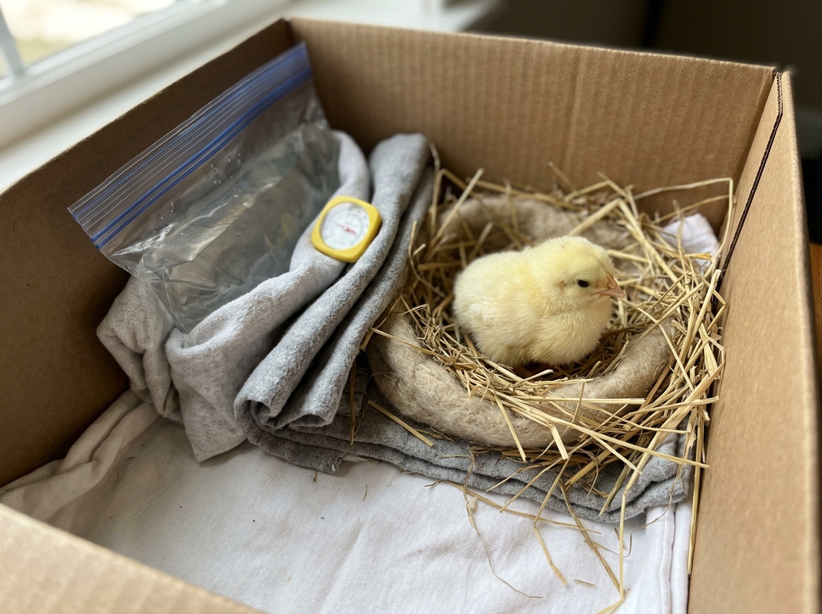 Warmth setup showing a chick-safe heat source near 100°F target