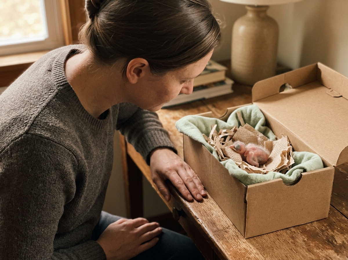 Caregiver observing a hatchling’s condition in a warm nest