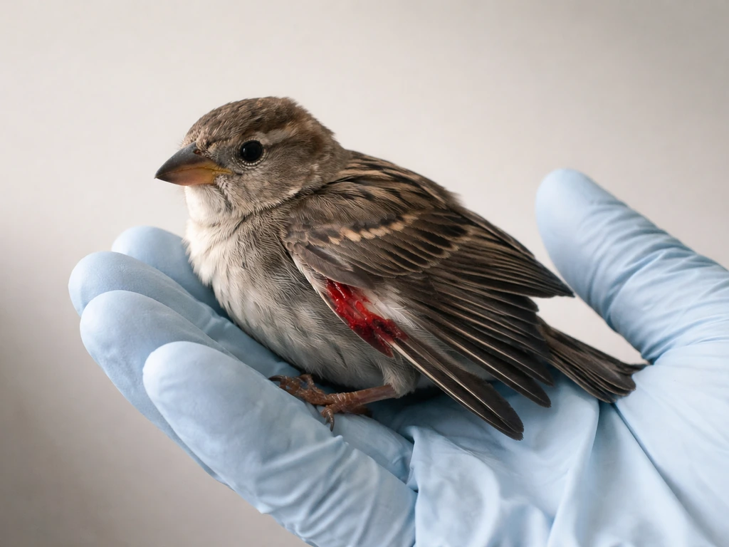 Rescuer’s gloved hand holding a small injured bird with an obvious wing injury for quick triage.