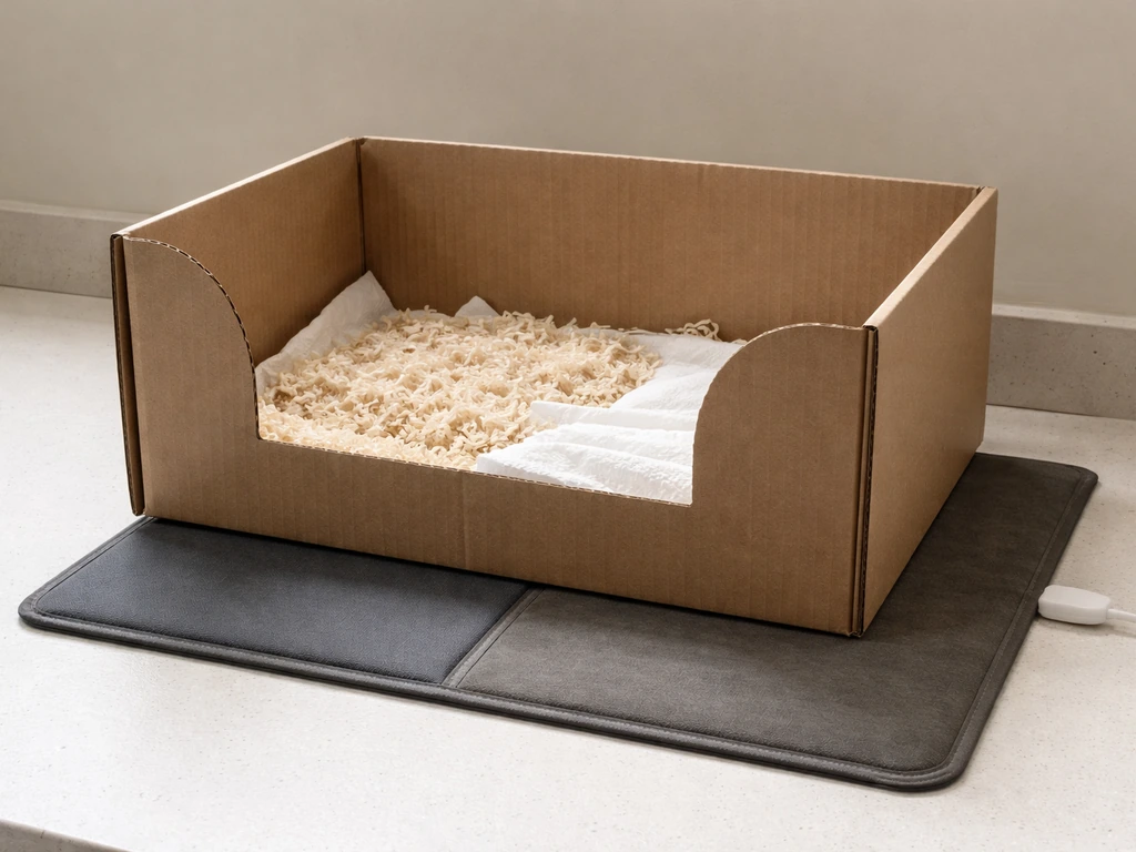 Side view of a low heating pad under half a temporary pet box, with the other half unheated.
