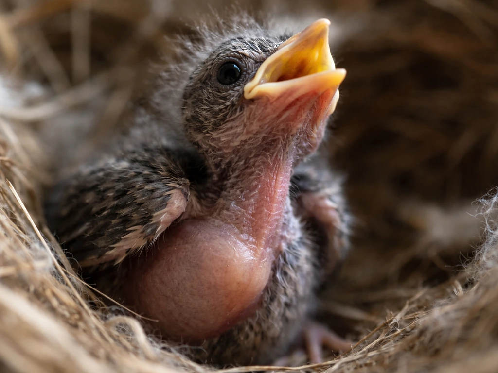 Close-up of a nestling’s throat/chest showing a slight crop bulge before/after feeding.