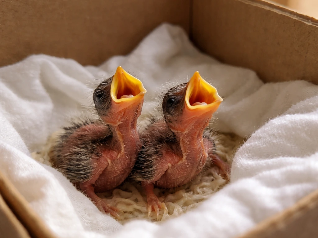 Two nearly featherless nestlings in a lined temporary container, open-mouthed and helpless.